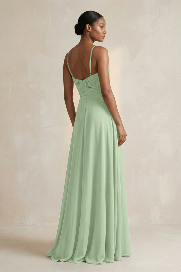 Halter Pleated Chiffon A - Line Bridesmaid Dress in Sage - SHE IS ME Bridesmaid Dresses