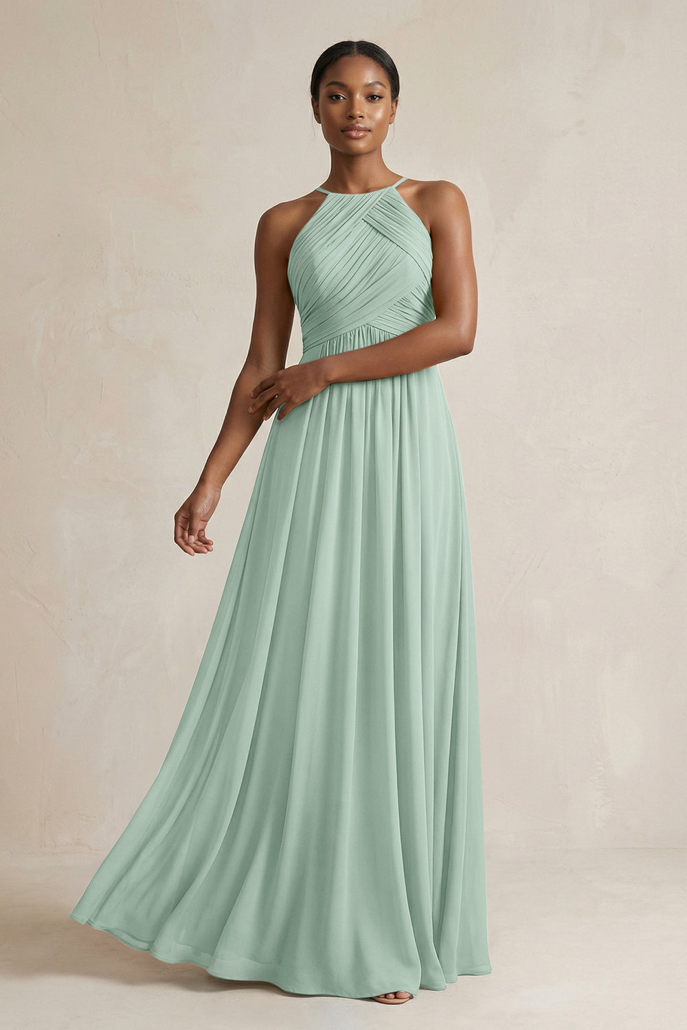 Halter Pleated Chiffon A-Line Bridesmaid Dress in Sage