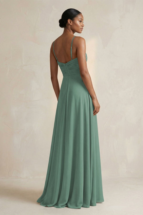 Halter Pleated Chiffon A-Line Bridesmaid Dress in Sea Glass (2) | KISSBRIDAL