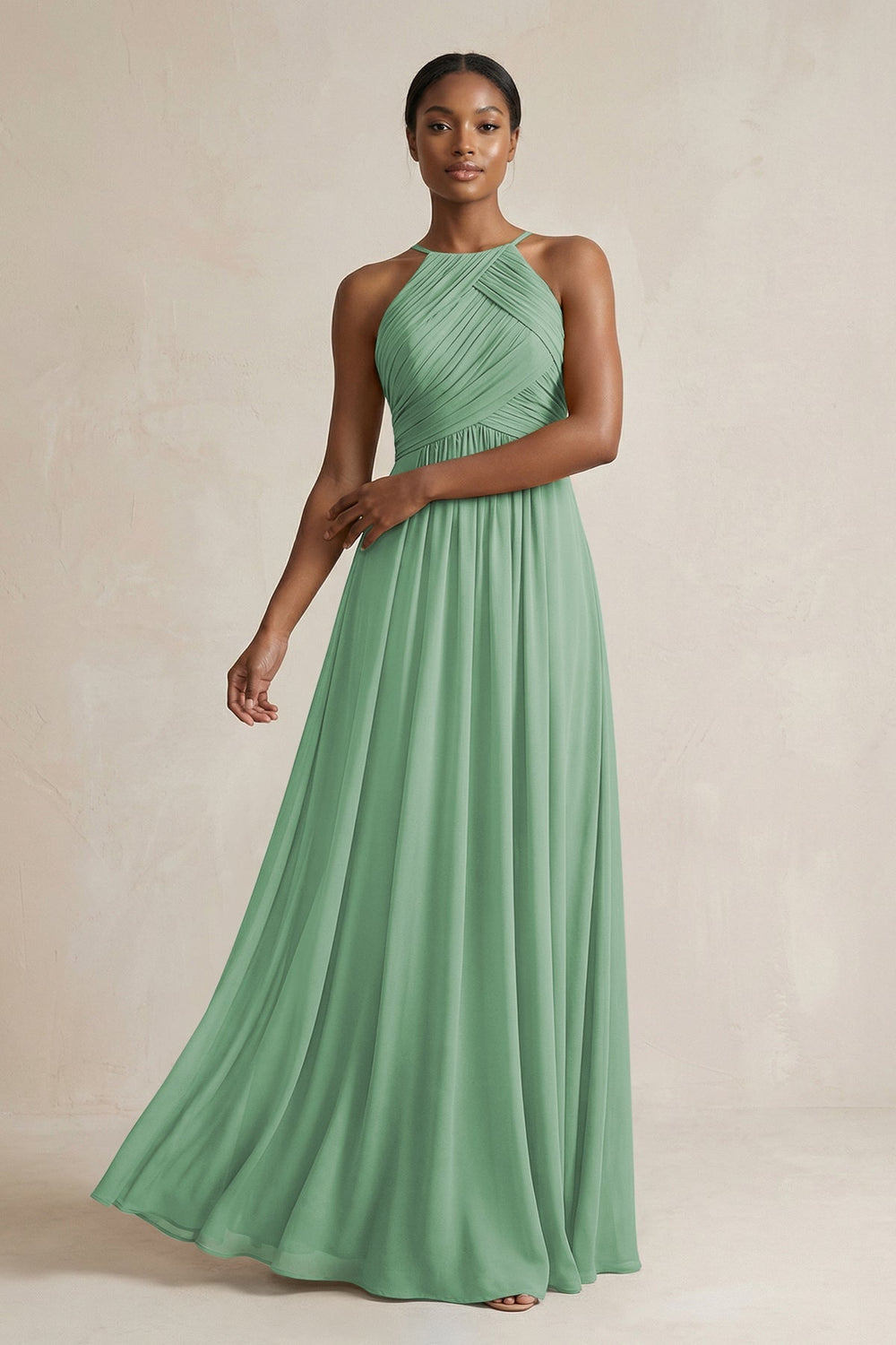 Halter Pleated Chiffon A - Line Bridesmaid Dress in Sea Glass - KISS BRIDAL Bridesmaid Dresses