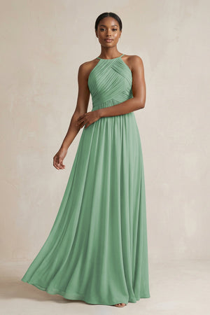 Halter Pleated Chiffon A - Line Bridesmaid Dress in Sea Glass - SHE IS ME Bridesmaid Dresses