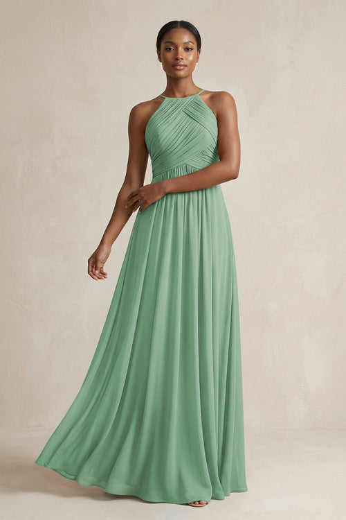Halter Pleated Chiffon A - Line Bridesmaid Dress in Sea Glass - SHE IS ME Bridesmaid Dresses