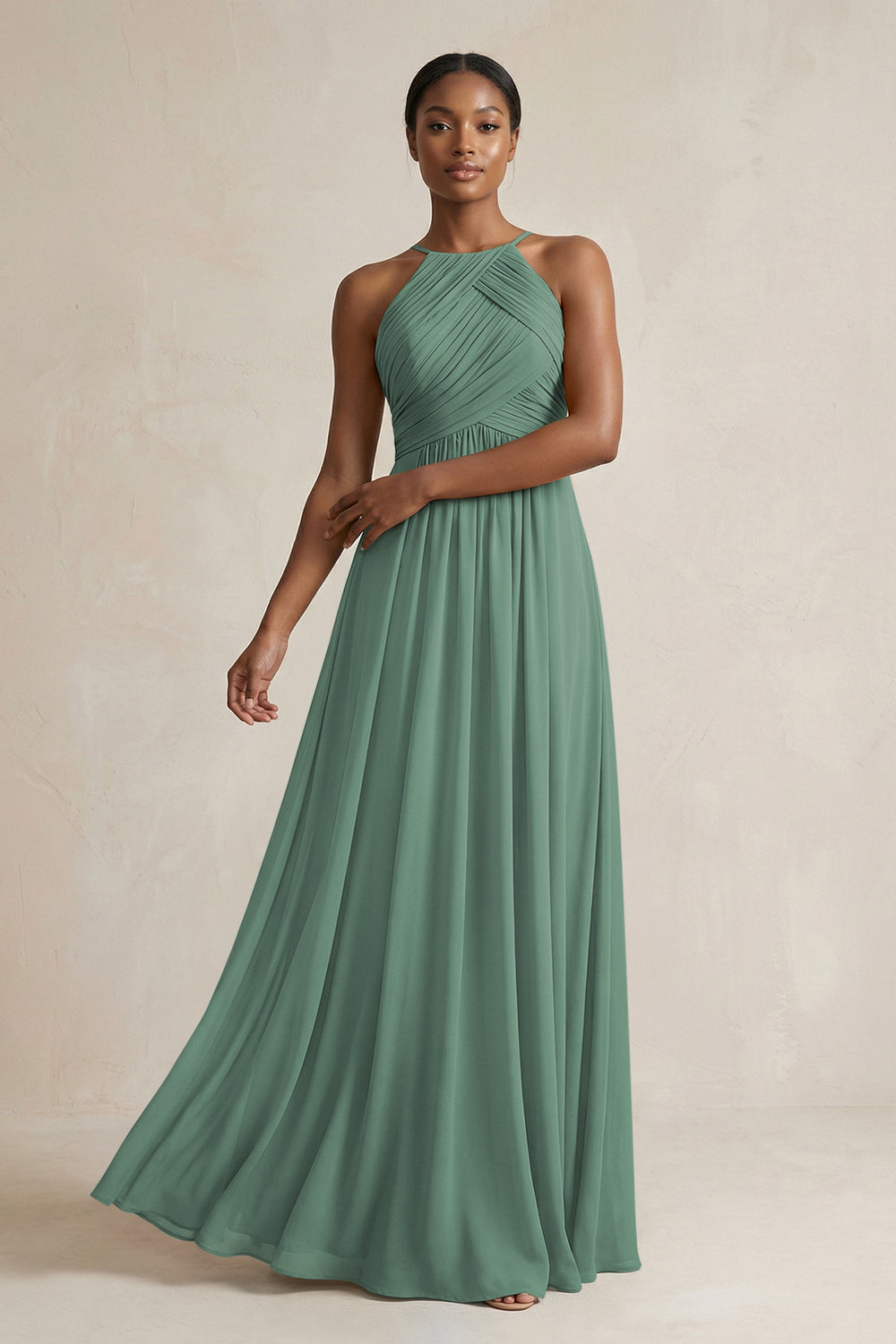 Halter Pleated Chiffon A-Line Bridesmaid Dress in Sea Glass