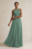 Halter Pleated Chiffon A-Line Bridesmaid Dress in Sea Glass | KISSBRIDAL