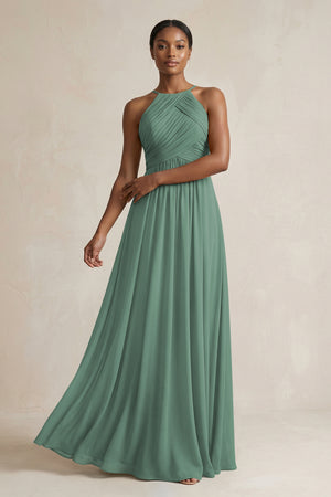 Halter Pleated Chiffon A-Line Bridesmaid Dress in Sea Glass | KISSBRIDAL