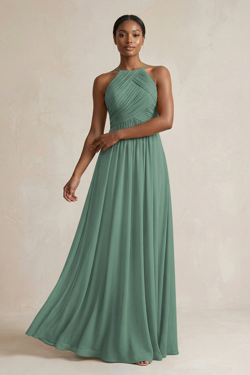 Halter Pleated Chiffon A-Line Bridesmaid Dress in Sea Glass | KISSBRIDAL