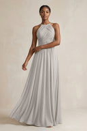 Halter Pleated Chiffon A - Line Bridesmaid Dress in Silver - KISS BRIDAL Bridesmaid Dresses