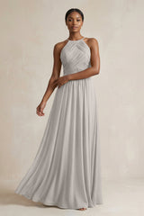 Halter Pleated Chiffon A - Line Bridesmaid Dress in Silver - KISS BRIDAL Bridesmaid Dresses