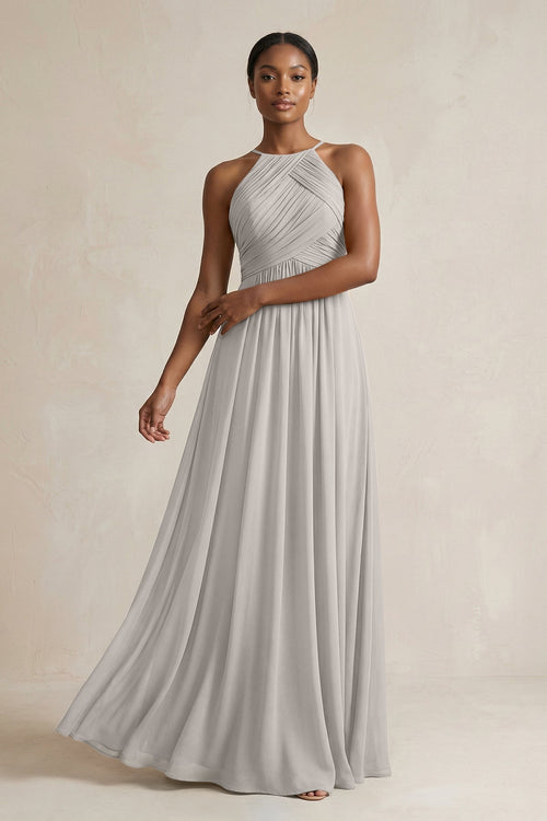 Halter Pleated Chiffon A - Line Bridesmaid Dress in Silver - KISS BRIDAL Bridesmaid Dresses