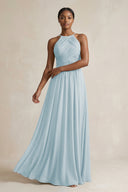 Halter Pleated Chiffon A-Line Bridesmaid Dress in Sky Blue | KISSBRIDAL