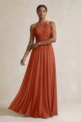 Halter Pleated Chiffon A - Line Bridesmaid Dress in Spice - KISS BRIDAL Bridesmaid Dresses