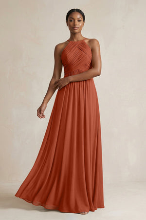 Halter Pleated Chiffon A - Line Bridesmaid Dress in Spice - SHE IS ME Bridesmaid Dresses