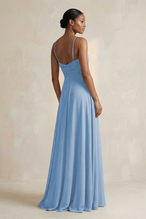 Halter Pleated Chiffon A-Line Bridesmaid Dress in Steel Blue (2) | KISSBRIDAL