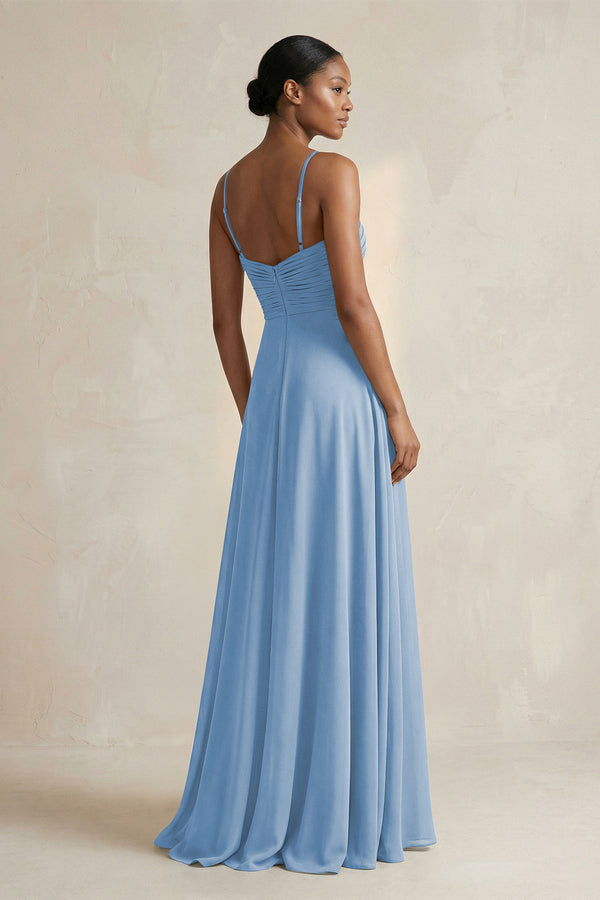 Halter Pleated Chiffon A-Line Bridesmaid Dress in Steel Blue (2) | KISSBRIDAL