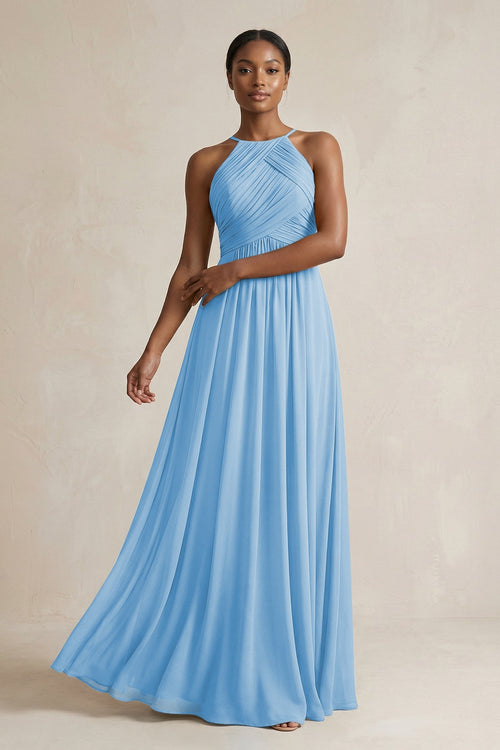 Halter Pleated Chiffon A - Line Bridesmaid Dress in Steel Blue - SHE IS ME Bridesmaid Dresses