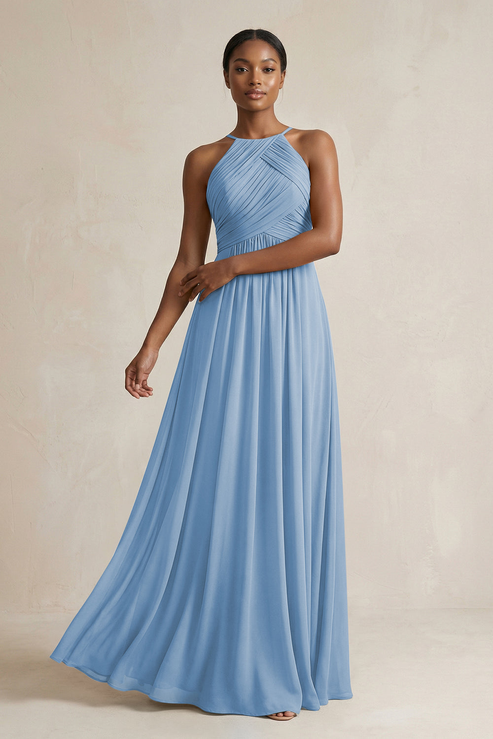 Halter Pleated Chiffon A-Line Bridesmaid Dress in Steel Blue