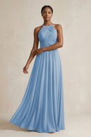 Halter Pleated Chiffon A-Line Bridesmaid Dress in Steel Blue | KISSBRIDAL