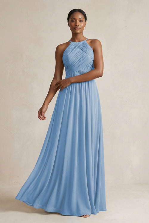 Halter Pleated Chiffon A-Line Bridesmaid Dress in Steel Blue | KISSBRIDAL