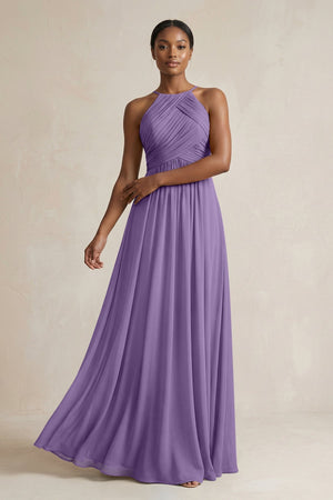 Halter Pleated Chiffon A - Line Bridesmaid Dress in Tahiti - KISS BRIDAL Bridesmaid Dresses