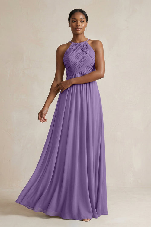Halter Pleated Chiffon A - Line Bridesmaid Dress in Tahiti - KISS BRIDAL Bridesmaid Dresses