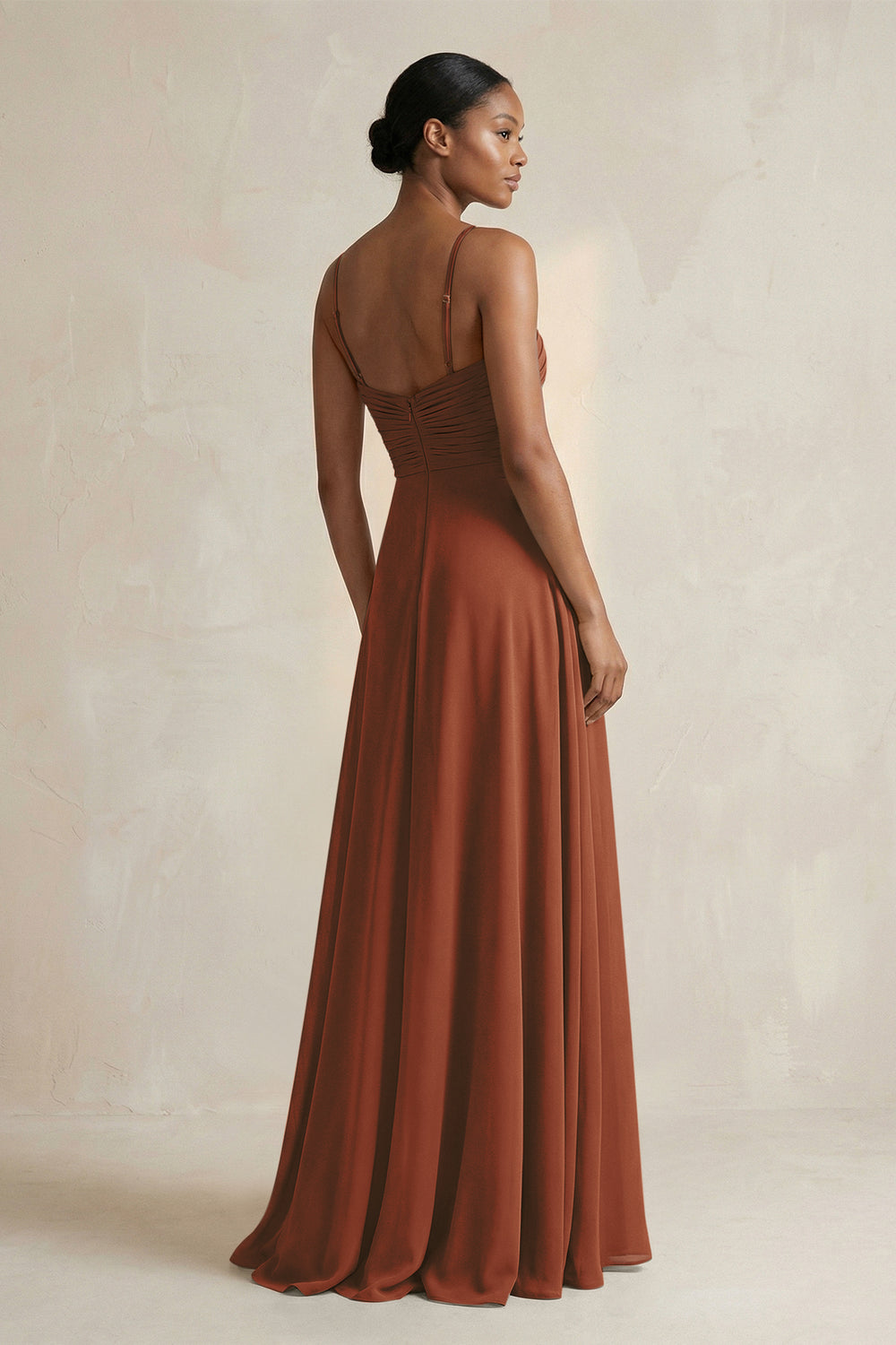 Halter Pleated Chiffon A-Line Bridesmaid Dress in Terracotta