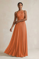 Halter Pleated Chiffon A - Line Bridesmaid Dress in Terracotta - SHE IS ME Bridesmaid Dresses