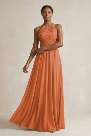 Halter Pleated Chiffon A - Line Bridesmaid Dress in Terracotta - SHE IS ME Bridesmaid Dresses