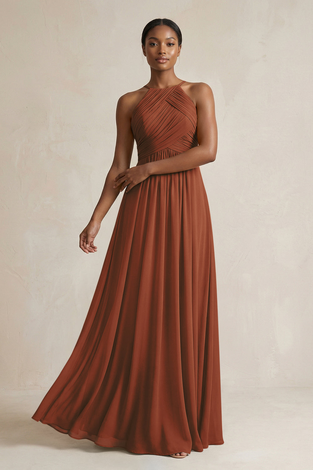 Halter Pleated Chiffon A-Line Bridesmaid Dress in Terracotta