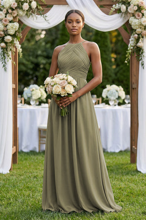 Halter Pleated Chiffon A-Line Bridesmaid Dress in Thyme (3) | KISSBRIDAL