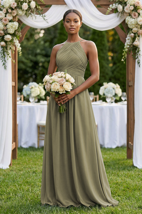 Halter Pleated Chiffon A-Line Bridesmaid Dress in Thyme (3) | KISSBRIDAL