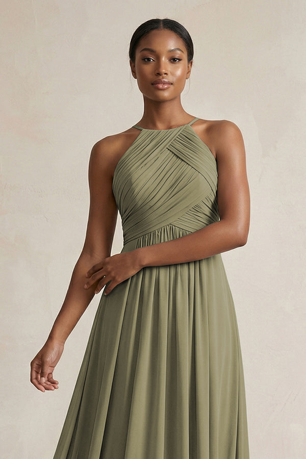 Halter Pleated Chiffon A-Line Bridesmaid Dress in Thyme (4) | KISSBRIDAL