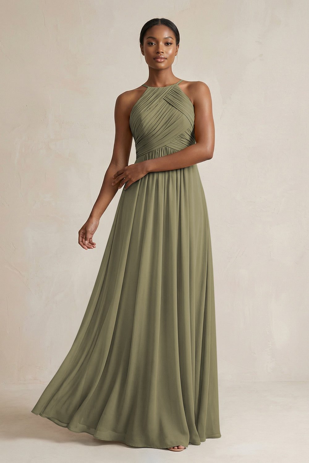Halter Pleated Chiffon A-Line Bridesmaid Dress in Thyme