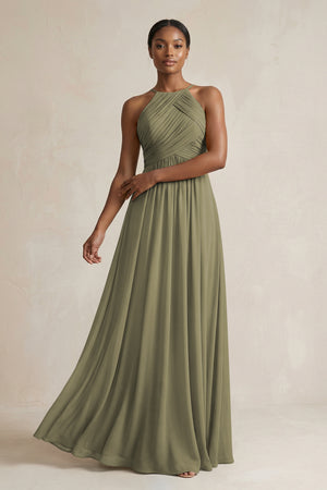 Halter Pleated Chiffon A-Line Bridesmaid Dress in Thyme | KISSBRIDAL