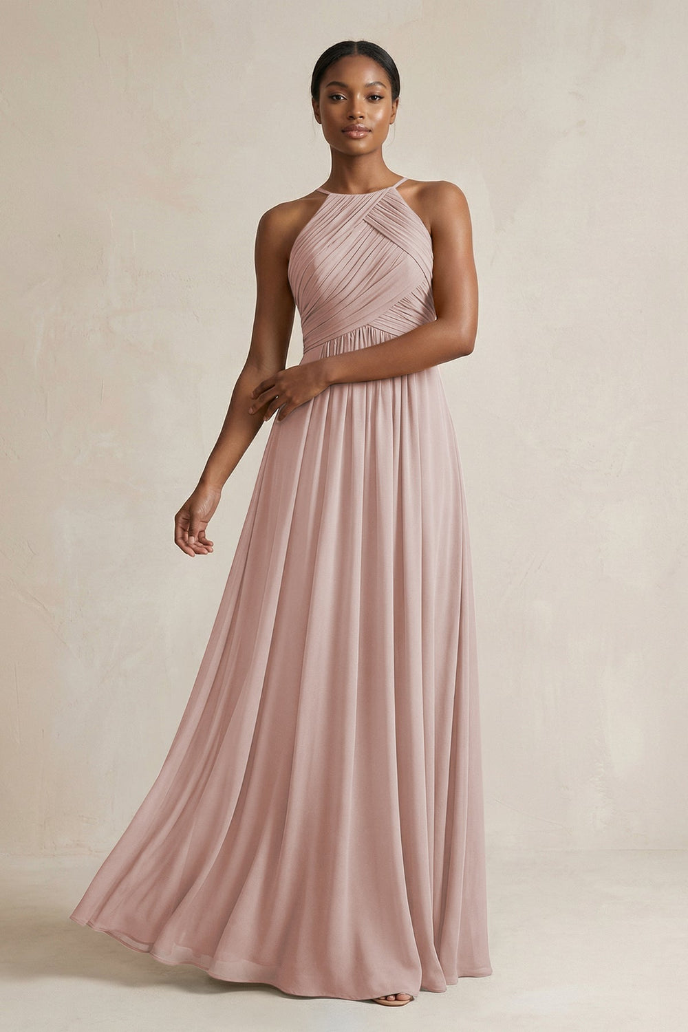 Halter Pleated Chiffon A - Line Bridesmaid Dress in Toffee - KISS BRIDAL Bridesmaid Dresses