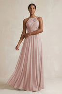 Halter Pleated Chiffon A - Line Bridesmaid Dress in Toffee - KISS BRIDAL Bridesmaid Dresses
