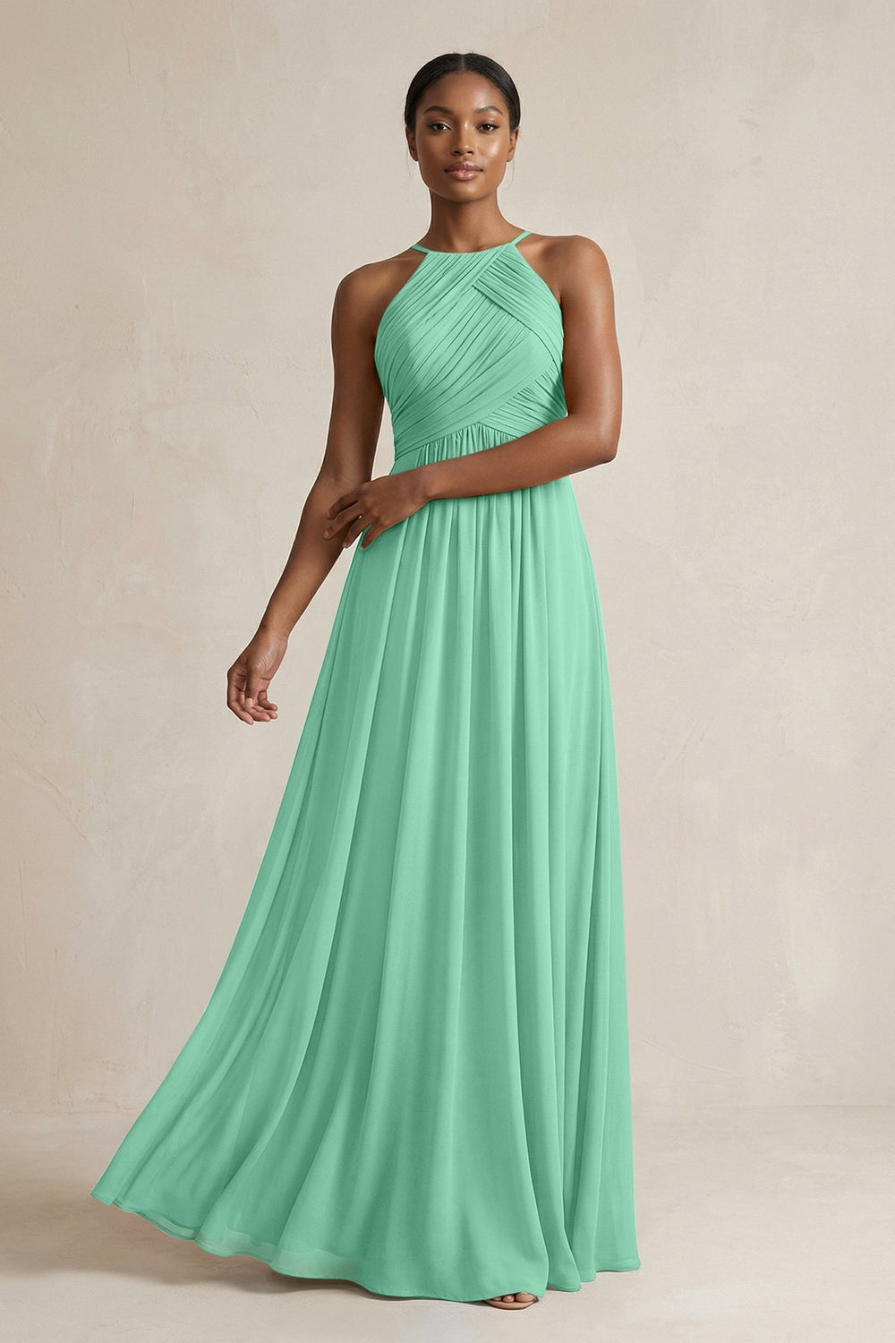 Halter Pleated Chiffon A - Line Bridesmaid Dress in Turquoise - KISS BRIDAL Bridesmaid Dresses
