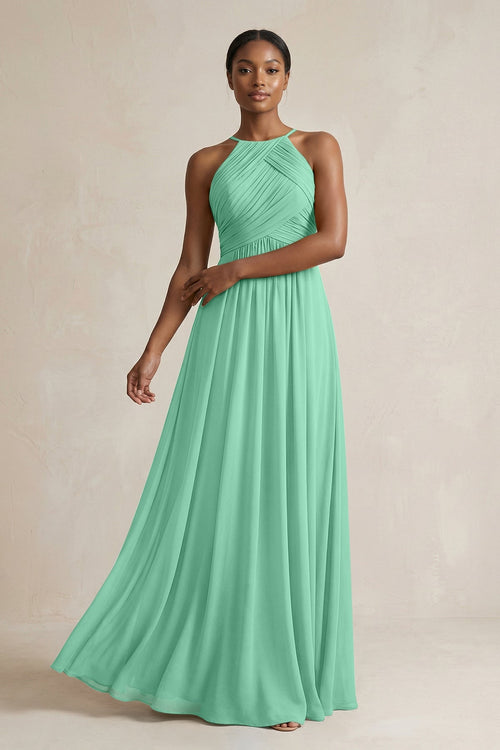 Halter Pleated Chiffon A - Line Bridesmaid Dress in Turquoise - KISS BRIDAL Bridesmaid Dresses