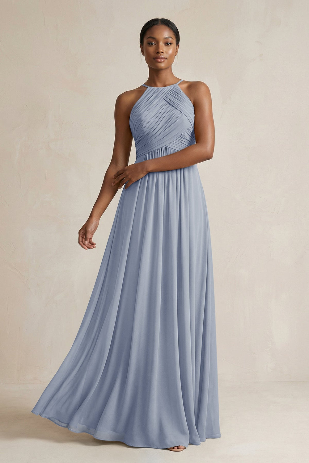 Halter Pleated Chiffon A - Line Bridesmaid Dress in Twilight - KISS BRIDAL Bridesmaid Dresses