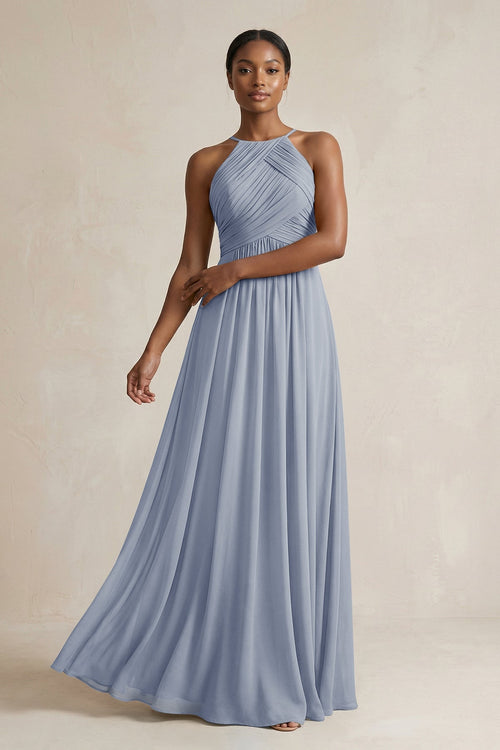 Halter Pleated Chiffon A - Line Bridesmaid Dress in Twilight - SHE IS ME Bridesmaid Dresses