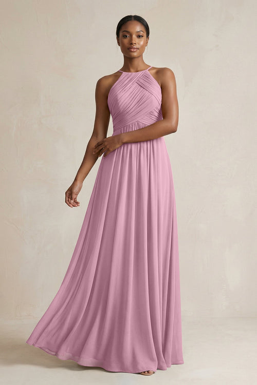 Halter Pleated Chiffon A - Line Bridesmaid Dress in Vintage Mauve - KISS BRIDAL Bridesmaid Dresses