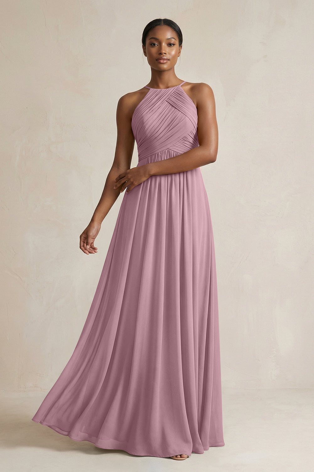 Halter Pleated Chiffon A-Line Bridesmaid Dress in Vintage Mauve