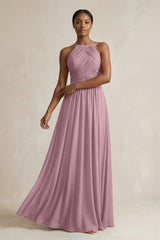 Halter Pleated Chiffon A-Line Bridesmaid Dress in Vintage Mauve | KISSBRIDAL