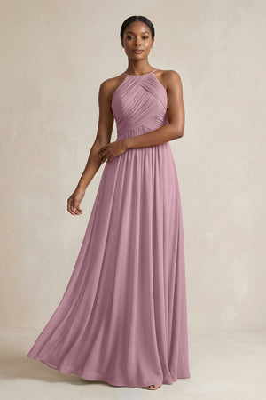 Halter Pleated Chiffon A-Line Bridesmaid Dress in Vintage Mauve | KISSBRIDAL