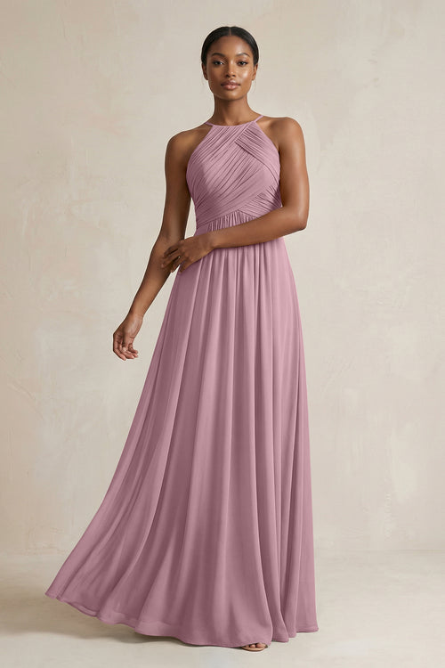 Halter Pleated Chiffon A-Line Bridesmaid Dress in Vintage Mauve | KISSBRIDAL