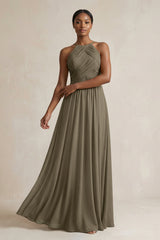Halter Pleated Chiffon A - Line Bridesmaid Dress in Willow Green - KISS BRIDAL Bridesmaid Dresses