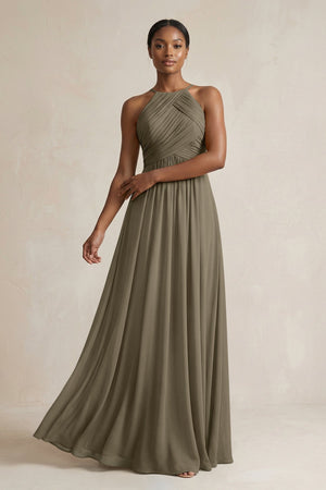 Halter Pleated Chiffon A - Line Bridesmaid Dress in Willow Green - SHE IS ME Bridesmaid Dresses