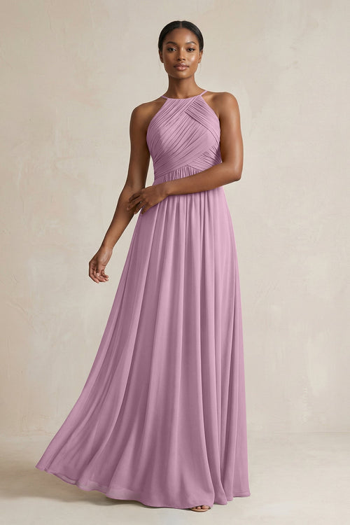 Halter Pleated Chiffon A - Line Bridesmaid Dress in Wisteria - KISS BRIDAL Bridesmaid Dresses