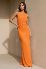 Halter Ruched Backless Maxi Dress in Orange - KISSBRIDAL