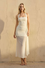 Halter Ruched Maxi Dress in Ivory - KISS BRIDAL