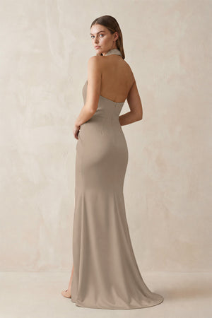 Halter Ruched Sheath Satin Bridesmaid Dress in Almond (2) | KISSBRIDAL